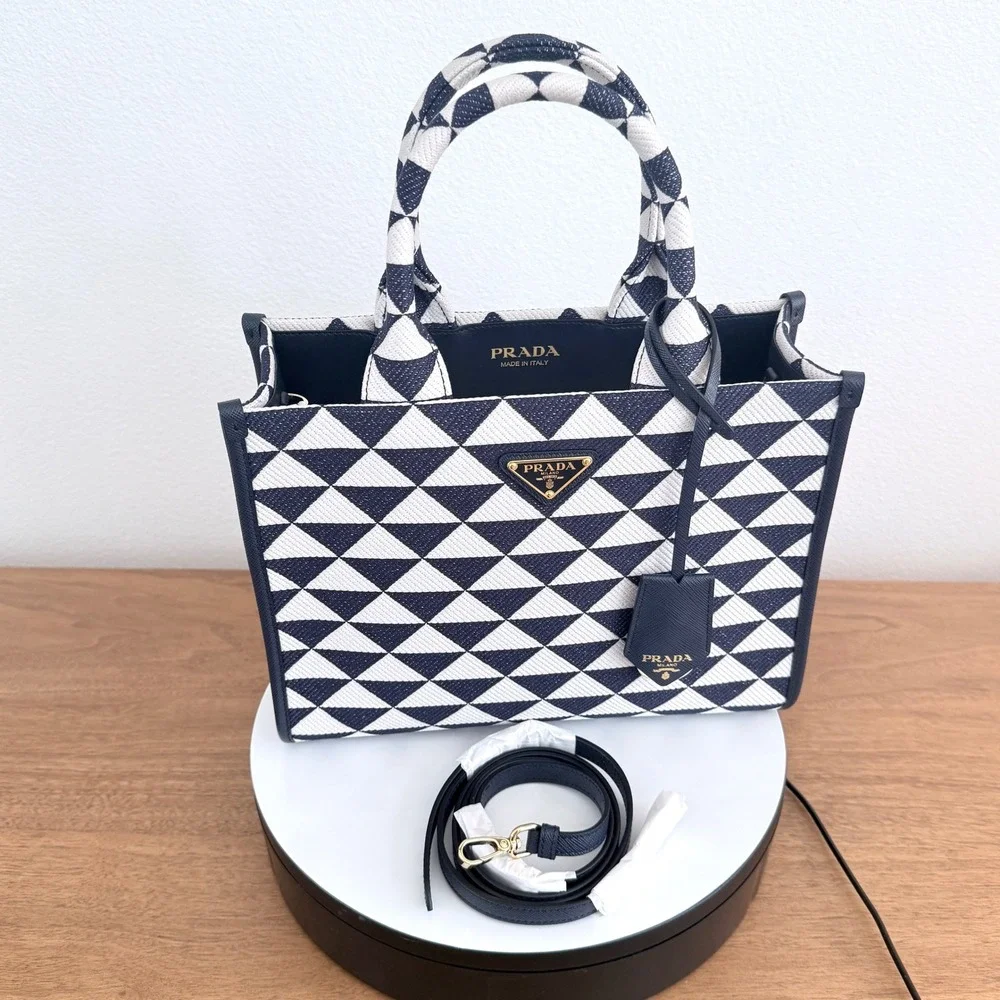 Prada Milano 1BA354 Symbole Jacquard Tote Blue White Triangle Pattern Bag Italy